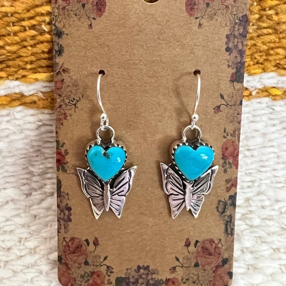 ❤️ Heart Shaped Kingman Turquoise 925 Navajo Butterfly Dangle Earrings 1.38”L - Picture 12 of 12
